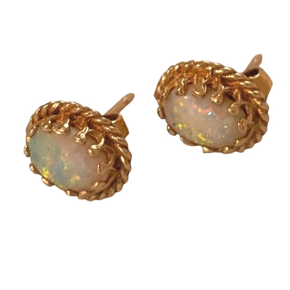 Vintage 14K Yellow Gold Oval Opal Stud Earrings Twisted Rope Border Hallmarked